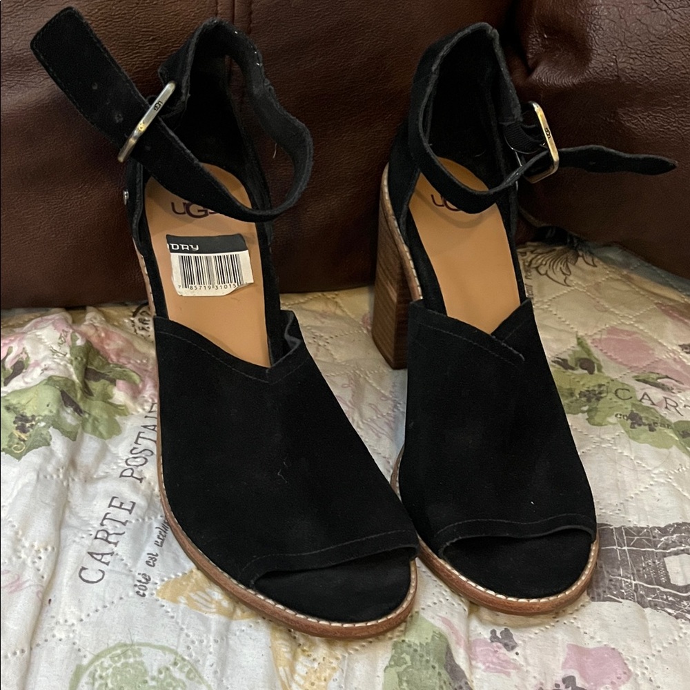 UGG Black Suede Block Heel Sandals